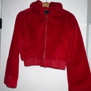 Red fuzzy crop jacket